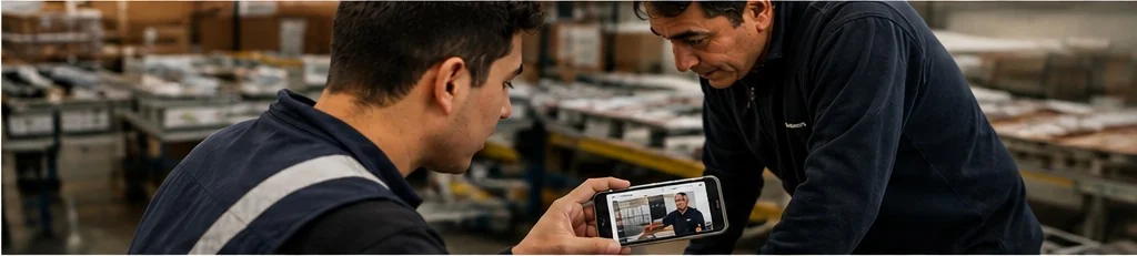 Supervisor capacitando a un colaborador con una tablet en el lugar de trabajo